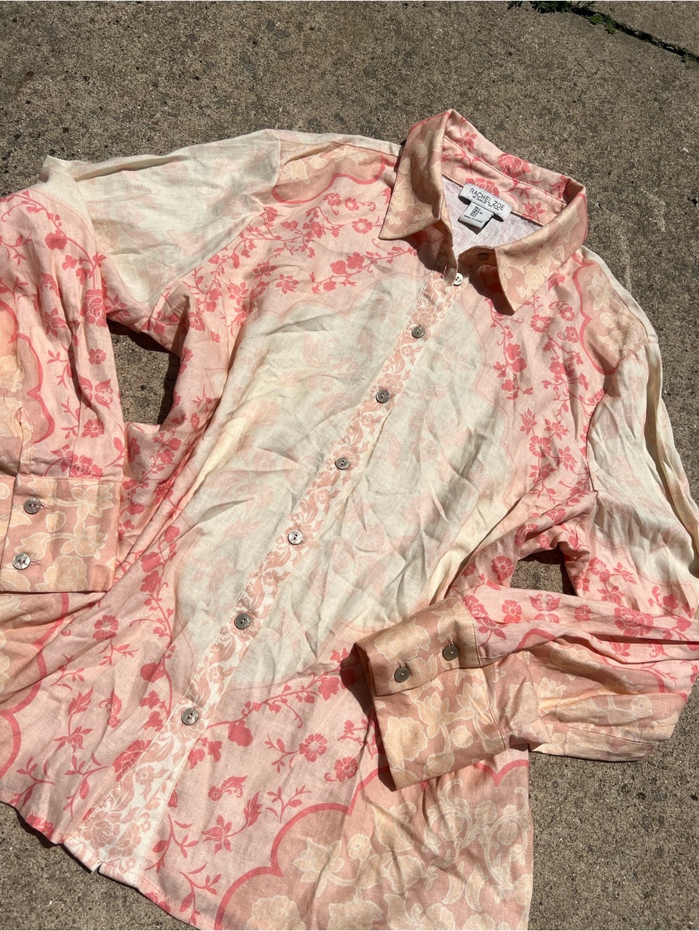Rachel Zoe Linen Blend Floral Button Front Blouse Large Pink Boho Cottagecore
